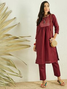 Maroon Ethnic Motifs Yoke Design Pleated Kurta with Trousers – Inddus.com Western Kurtis, Kaftan Kurta, Yoke Design, Ethnic Motifs, Anarkali Kurta, Eid Collection, Thread Work, Mandarin Collar, Salwar Kameez