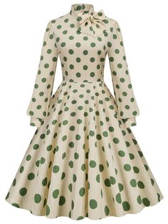 1950s Polka Dots Bowknot Swing Dress – Retro Stage - Chic Vintage Dresses and Accessories Fitted A-line Vintage Dress For Winter, Vintage Polka Dot Long Sleeve Dresses, Vintage Long Sleeve Polka Dot Dress, Vintage Long Sleeve Pleated Midi Dress, Fitted Vintage A-line Dress For Winter, Green Vintage Winter Dress, Vintage Green Winter Dresses, White Retro Dress For Fall, Green Long Sleeve Vintage Dress For Party