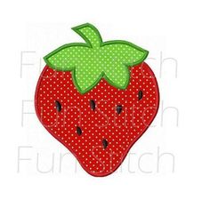 a red strawberry with green leaves on it's side and the words fun stitch