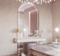 a bedroom with a vanity and mirror in it