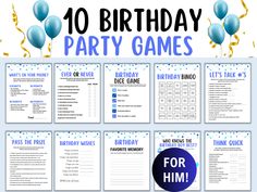 10 birthday party games for him with balloons and streamers in the background, including an image