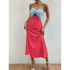 -Item Id 15192293 -Color: Blue -Style: Casual -Pattern Type: Colorblock -Details: Twist, Zipper, Bow Front -Neckline: Strapless -Sleeve Length: Sleeveless -Type: A Line -Waist Line: High Waist -Hem Shaped: Flared -Length: Long -Fit Type: Regular Fit -Fabric: Non-Stretch -Material: Woven Fabric -Composition: 100% Polyester -Care Instructions: Machine Wash Or Professional Dry Clean -Sheer: No **Open To Offers!!!** **Bundle To Save More** **30% Off Bundles Of 2 Or More Items!!** ***Orders Go Out Wi Red Color Block Party Dress, Sleeveless Color Block Dresses For Day Out, Chic Midi-length Color Block Maxi Dress, Chic Color Block Midi Maxi Dress, Chic Midi Length Color Block Dress, Chic Color Block Maxi Dress For Party, Color Block Midi Dress For Party, Chic Color Block Dresses For Day Out, Chic Pink Color Block Midi Dress