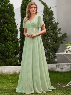 Long Empire Waist Evening Dress with Short Flutter Sleeves #color_Light Green Roses Plus Size Homecoming Dresses, Short Sleeve Bridesmaid Dress, Empire Waist Evening Dress, Red Formal Dresses, Empire Waist Bridesmaid Dresses, Tulle Bridesmaid, Green Roses, Beautiful Evening Dresses, Gold Bridesmaid Dresses