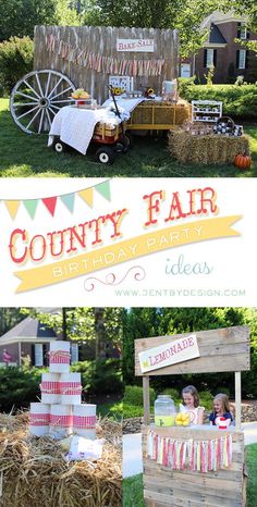 an outdoor birthday party with hay bales and decorations