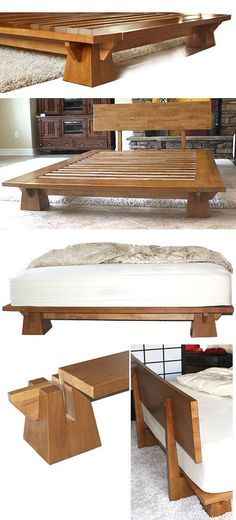 four different views of a bed frame with mattresses and headboards on each side