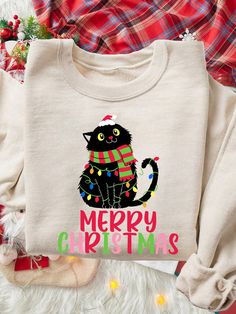 Hope Your Christmas Is Meowy And Bright Sweatshirt, Christmas Lights Sweater, Merry Christmas Cat Shirts, Funny Christmas Hoodie, Funny Cat,Casual Minimalist Cat Print Pattern Loose Crew Neck Long Sleeve Pullover Hoodie Sweatshirt For Women, Autumn/Winter Apricot Casual  Long Sleeve Knitted Fabric Animal,Cartoon,Letter Pullovers Slight Stretch  Women Clothing, size features are:Bust: ,Length: ,Sleeve Length: Marine Outfit, Merry Christmas Cat, Christmas Hoodie, Sweatshirt For Women, Animal Cartoon, Christmas Cat, Christmas Hoodies, Sweatshirt Christmas, Shirts Funny