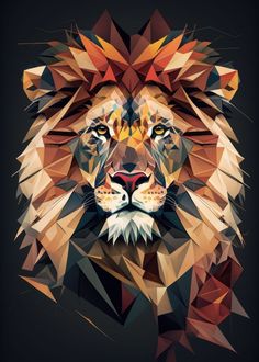 the head of a lion made up of geometric polygonal shapes on a black background