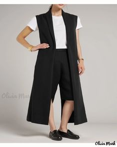 Olivia Mark - Chic and Minimalistic Back-Slitted Sleeveless Vest Jacket - trendy fashion item for a confident and stylish appeal Sleeveless Vest Jacket, Vest Waistcoat, Long Vest, Long Vests, Cardigan Outfits, Sleeveless Jacket, Style Cardigan, Sleeveless Vest, Black Cardigan