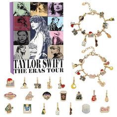 taylor swift the eras tour book and charm bracelets with pictures of taylor swift on them