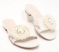 A comfortable flat that's fancy enough for formal events, these flower embellished leather sandals are the season's most flirty and fashionable look. A slide-in design with a low heel means you won't miss a moment at your next social gathering. From Cecelia New York. Summer Sandals Flat, Leather Slide Sandals, Chunky Heels Sandals, Studded Sandals, Comfortable Flats, Social Gathering, Womens Slides, Slide In, Leather Slides