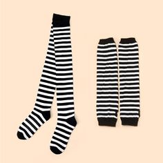 Striped Black And White Nwt Knee High Socks And Fingerless Gloves One Size Elastic Black Winter Socks, Black Elastic Socks For Winter, Winter Striped Stretch Socks, Black Stretch Winter Socks, Casual Black Footless Knee-high Socks, Stretch Striped Socks For Winter, Striped Stretch Socks For Winter, Casual Black Elastic Leg Warmers, Black Elastic Casual Leg Warmers