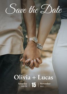 two people holding hands with the words save the date written on them in white lettering