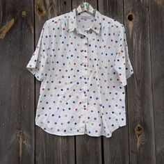 80s-90s Vintage blouses womens  Top Retro Clothing Oversized  White shirt Colorful Polka dots Retro Clothing Oversized  Office Classic Cotton    Clothes for women  White shirt Party  Size XL Plus Size  Short Sleeve Measurement: Shoulders 17 inches/ 43cm Pit to pit 24 inches / 61cm Waist 45inches / 114cm Length 28 inches / 71cm  sleeve 11.5inches/ 29cm Summer Collared Polka Dot Shirt, Summer Polka Dot Collared Shirt, Summer Polka Dot Collared Blouse, Polka Dot Short Sleeve Summer Shirt, Retro Polka Dot Short Sleeve Blouse, Relaxed Fit Cotton Blouse With Polka Dot, Relaxed Fit Cotton Blouse In Polka Dot, Polka Dot Cotton Blouse With Relaxed Fit, Cotton Polka Dot Blouse With Relaxed Fit