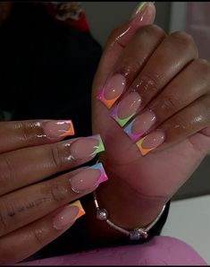 Rainbow Birthday Nails, Colorful French Tip Nails, Drippy Nails, Design Ongles Courts, Nails Tech, Nail Shapes Square, Colorful Graffiti