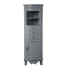 a tall gray cabinet with drawers on the top and bottom shelf, in front of a white background