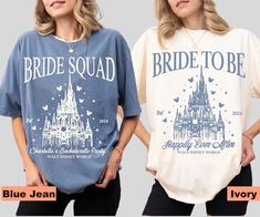 two women wearing matching shirts that say bride to be and happily married in disney world