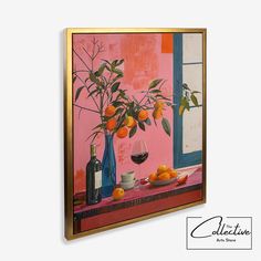 an oil painting of oranges in a vase on a table next to a window