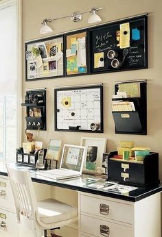 a desk with some pictures on the wall