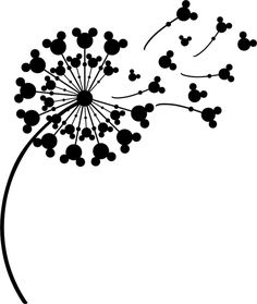 a black and white image of a dandelion with mickey mouse silhouettes on it