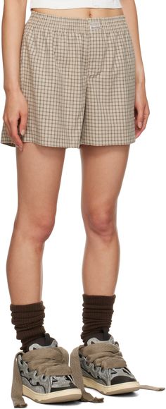 Cotton flannel boy shorts. Check pattern throughout. · Logo patch at elasticized waistband · Open-fly Supplier color: Beige plaid Flannel Boy, Beige Plaid, French Terry Hoodie, Wool Blend Sweater, Knit Cotton, Check Pattern, Knit Cuff, Lounge Pants, Cotton Flannel