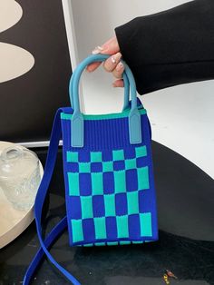 BirdinBag - Compact Plaid Crochet Bag Trendy Rectangular Crochet Bag For Errands, Handheld Crochet Bag With Smartphone Pocket For Daily Use, Trendy Shopping Crochet Mobile Phone Bag, Trendy Crochet Mobile Phone Bag For Shopping, Trendy Shopping Mobile Phone Crochet Bag, Blue Crochet Satchel Bag For Daily Use, Blue Rectangular Phone Bag With Large Capacity, Casual Blue Square Bucket Bag, Casual Blue Phone Bag With Large Capacity