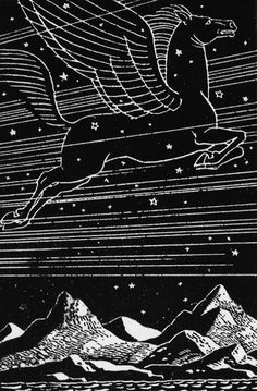 a drawing of a horse flying through the night sky with mountains and stars in the background