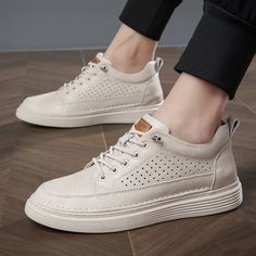 Beige Elevator Perforated Sneakers Add Height 2.4 inch / 6 cm European Hidden Heel Casual Skate Shoes Spring Lace-up Leather Shoes With Perforated Toe Box, White Wingtip Lace-up Casual Shoes, Breathable Leather Skate Shoes With Round Toe, Breathable Leather Skate Shoes, White Lace-up Leather Shoes, White Lace-up Walking Shoes With Perforated Toe Box, White Lace-up Shoes With Perforated Toe Box For Spring, Breathable Round Toe Skate Shoes For Spring, Spring Breathable Round Toe Skate Shoes