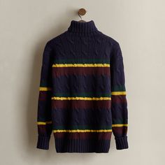 Part of the Fall 1989 Polo collection. Striped wool sweater with a cable-knit construction. Size large has approximately a 26.25" back body length a 19.25" shoulder a 46" chest and a 24.5" sleeve length. Turtleneck Cable Knit Polo Sweater, Long Sleeve Wool Cable Knit Turtleneck, Wool Turtleneck Cable Knit Outerwear, Wool Cable Knit Turtleneck Outerwear, Wool Cable Knit Long Sleeve Turtleneck, Long Sleeve Wool Cable Knit Polo Sweater, Wool Cable Knit Polo Sweater For Fall, Wool Cable Knit Long Sleeve Polo Sweater, Ralph Lauren Cable Knit Sweater For Fall