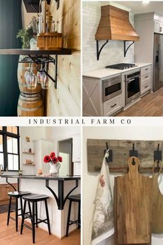 four pictures show different types of kitchen appliances and accessories in various rooms, including an industrial farm co