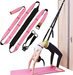 the woman is doing yoga exercises with her arms and legs in front of an open door