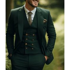 Category:Suits; Embellishment:Pocket; Season:Spring, Fall, Winter, Summer; Fabric:Cotton Blend; Includes:Vest,Pants,Jacket; Occasion:Wedding; Fit Type:Tailored Fit; Jacket Buttons:Single Breasted One-button; Vest Buttons:8; Pattern:Solid Colored; Neckline:Peak; Listing Date:10/25/2023; Production mode:External procurement; Pant Length:; Pants Waist:; Shoulder Width:; Sleeve Length:; Bust:; Hips:; Clothing Length:; Number of Pieces:3 Piece; Design:Classic Luxury Classic Suit And Tie Accessories For Business, Luxury Wool Single-breasted Three-piece Suit, Luxury Wool Double Breasted Suit With Flat Front, Dark Green Suits For Men Wedding, Green Tweed Suit Wedding, Wedding Suit With Notch Lapel, Fitted Double Breasted Suit With Button Closure, Fitted Suits With Button Closure And Suit Collar, Fitted Suits With Button Closure