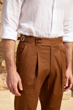 Cognac cotton trousers "Soragna Capsule Collection" - Made in Italy Luxury Tailored Men's Chinos, Luxury Tailored Chinos, Luxury Tailored Chinos For Business, Luxury Fitted Classic Chinos, Luxury Classic Tapered Chinos, Luxury Classic Chinos For Fall, Tailored Luxury Casual Chinos, Luxury Classic Straight Chinos, Luxury Tailored Chinos With Pockets