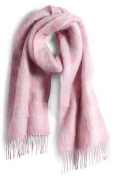 Make a bold statement while staying warm in a fringe-trimmed wool-blend scarf woven with contrasting logo lettering. 76" x 12"; 3" fringe 46% wool, 20% nylon, 17% alpaca, 17% mohair Dry clean Made in Italy Pink Wool Scarf, Parisian Outfits, Summer Palette, Clothes Wishlist, Wishlist 2024, Scarf Outfit, Pink Scarf, 2024 Christmas, Pink Scarves