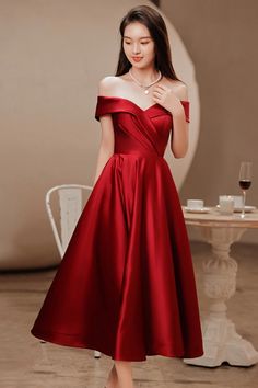 Wine Red Satin Tea Length Bridesmaid Dress Party Dress, Burgundy Satin Homecoming Dress Tea Length Bridesmaid Dress, Tea Length Prom Dress, Prom Dresses Off The Shoulder, Tea Length Bridesmaid Dresses, Occasion Dresses Wedding Guest, Dresses Off The Shoulder, Off Shoulder Evening Dress, Satin Homecoming Dress, Satin Short