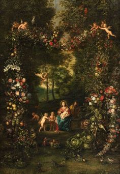 an image of a painting with flowers and people in the background, including cherubs