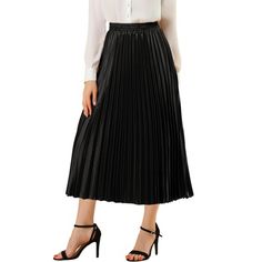 Allegra K Women's Party Elastic Waist Metallic Shiny Accordion Pleated Midi Skirt Black Medium Party Midi Skirt With Folds, Midi Skirt With Folds For Party, Flared Pleated Skirt With Accordion Pleats For Party, Flared Accordion Pleated Skirt For Party, Party A-line Accordion Pleated Skirt, A-line Accordion Pleated Party Skirt, Party Flared Skirt With Folds, Long Party Skirt With Folds, Long Skirt With Folds For Party