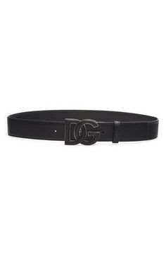 An oversized leather-filled logo buckle bring signature D&G panache to this Italian-made belt in smooth calfskin. Leather Made in Italy Designer Black Belt With Metal Logo, Designer Black Belts With Metal Logo, Modern Formal Belt Buckles With Logo, Classic Black Belt With Logo, Classic Formal Belt Buckles With Logo, Formal Leather Belt Buckles With Logo, Designer Leather Belt With Logo Plaque, Designer Black Belt With Logo Plaque, Modern Black Belt Buckle With Logo Plaque