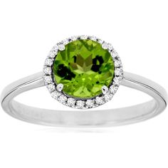 Royal 14K White Gold Ring with Round-Cut 1.40 Carat Peridot and Diamond Halo - 0.10 Carat Total Diamond Weight Summer Fields, Peridot Birthstone, Peridot Color, Diamond Birthstone, Peridot Stone, Luxury Rings, Peridot Ring, Peridot Gemstone, White Gold Jewelry