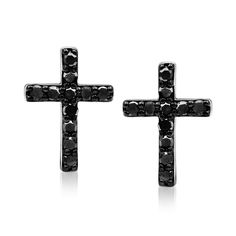 Ross-Simons - .25 ct. t. w. Black Diamond Cross Earrings in Sterling Silver. These .25 ct. t. w. round brilliant-cut black diamond cross earrings offer a bold and modern take on a classic religious symbol. Crafted in polished sterling silver. Black rhodium. Post/clutch, black diamond cross earrings. Diamond birthstones are the perfect gift for April birthdays. Diamond Cross Earrings, Jack Crawford, Black Diamond Earrings, April Birthday, Diamond Birthstone, Fine Jewelery, Religious Symbols, Clutch Black, Earrings Diamond