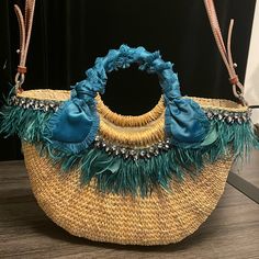 Sam Edelman Eliya Natural Boho Crossbody Bag With Teal Satin And Feathers, Gem Detail On Front. Beautiful Bag, Excellent Condition, Never Used, Tags Still Attached. Purse Diy, Handbag Ideas, Boho Crossbody Bag, Natural Boho, Studded Bag, Leather Belt Bag, Leather Handbags Crossbody, Colorful Feathers, Purse Strap