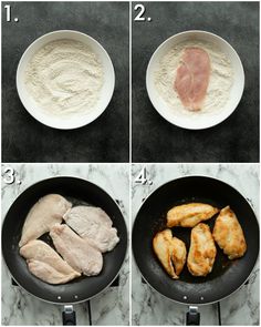 four pictures showing how to cook chicken in a skillet