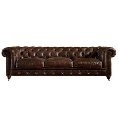 a brown leather couch with buttons on the armrests and back rests against a white background