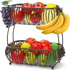 two metal baskets filled with different types of fruit