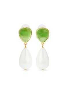 gold-tone/green 18kt gold plated brass polished finish drop design faux-pearl embellishment post-back fastening for pierced ears These earrings come as a pair. Green Teardrop Clip-on Earrings For Formal Occasions, Green Teardrop Clip-on Earrings, Green Pearl Charm Drop Earrings, Classic Green Pearl Drop Earrings, Green Pearl Drop Earrings For Formal Occasions, Elegant Green Pearl Charm Earrings, Single Green Pearl Drop Earrings, Elegant Green Pearl Earrings With Charm, Formal Green Pearl Drop Earrings