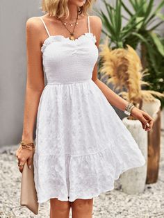 White White Beach Dress With Sweetheart Neckline, White Sweetheart Neckline Beach Dress, White Mini Dress With Sweetheart Neckline And Ruffles, White Mini Dress With Ruffles And Sweetheart Neckline, White Mini Dress With Straight Neckline For Summer, White Mini Dress With Ruffles And Straight Neckline, Flirty White Mini Dress With Straight Neckline, White Fitted Dress With Heart-shaped Neckline, Flirty White Dress With Straight Neckline