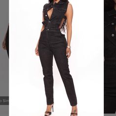 Fashion Nova Black Jean Jumpsuit Casual Fitted Overalls For Party, Trendy Black Sleeveless Denim Jumpsuit, Fitted Casual Overalls For Party, Fitted Overalls For Spring Night Out, Black High Rise Fitted Denim Jumpsuit, Black High-rise Fitted Denim Jumpsuit, Black High Rise Denim Jumpsuit For Spring, Chic Black Denim Jumpsuit With Pockets, Black High Waist Denim Jumpsuit For Summer