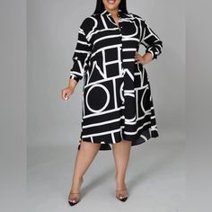 A Classy Plus Size Long Sleeve Mid Length Shirt Dress Made From A Bright Black And White Abstract Geometric Print Fabric. Great Corporate Outfit That Can Also Be Rocked To Any Event. Available Sizes: 1x (Fits A 12-14) Plus Size Shirt Dress, Loose Shirt Dress, Collar Shirt Dress, White Fashion Casual, Casual Wear Dress, Collared Shirt Dress, Dress Sleeve Styles, Printed Shirt Dress, Midi Dress Casual