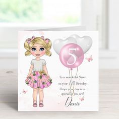 a birthday card with a cartoon girl holding a pink balloon and the number five on it