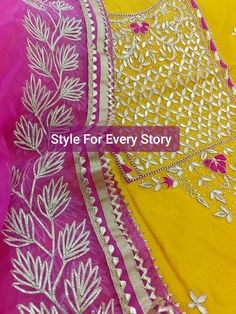 Item Overview ATHARVA Hand Embroidery Salwar Kameez/Yellow Chanderi Silk/Hot Pink Chiffon Chinnon Dupatta/Custom Stitch Unstitch/Churridar/Anarkali Dno. CH1699 Fabric: * Shirt - Yellow Chanderi Silk- Hand Embroidered Neck 2.5 Mts - Beautiful Hand Embroidery * Dupatta: Chiffon Chinnon Dupatta- All over Gota Patti Embroidery - 2.5 Mts- Latkans Tassels * Bottom Santoon Silk 2.5 Mts. Excusive Hand Embroidered Party Wear Punjabi Suit. Customization: * Fabrics Customization: Designs Can be made in dif Festive Yellow Semi-stitched Salwar Kameez, Festive Yellow Dola Silk Kurta, Traditional Yellow Semi-stitched Salwar Kameez, Traditional Designer Yellow Kurta, Yellow Dola Silk Kurta With Gota Work, Yellow Chanderi Kurta With Dori Work, Traditional Designer Yellow Anarkali Set, Yellow Chinon Sets With Zari Work, Yellow Semi-stitched Sharara For Eid