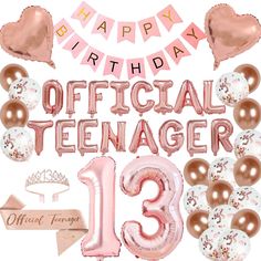 PRICES MAY VARY. 13th Birthday Party Decoration: 16inch rose gold letter balloons banner "OFFICIAL TEENAGER", 32inch number balloons "13", 2 pcs 18inch heart balloons, pink Happy Birthday banner, 1pc official teenager sash, 1 pc sparkling 13th tiara, 20 pcs latex balloons, make your 13 year old Birthday party very special. Official Teenager Party Supplies: Official Teenager themed party, Including exquisite balloons, delicate paper banner, sparkling crown and sash, 32 inch number balloons "13", 13th Birthday Party Decorations, 13th Birthday Party Ideas For Girls, Teenager Party, Ballon Banner, Teenage Birthday Party, 13th Birthday Party, Gold Birthday Decorations, Girl Birthday Party Favors, Thirteenth Birthday